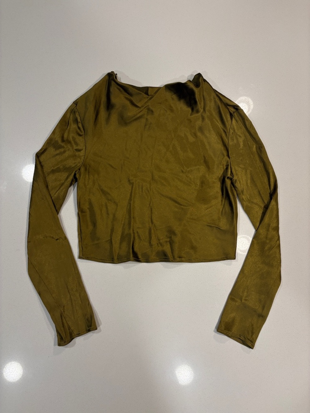 Zara Olive Satin Long Sleeve Crop Top